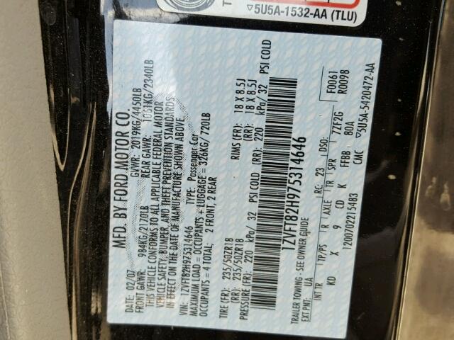1ZVFT82H975314646 - 2007 FORD MUSTANG GT BLACK photo 10