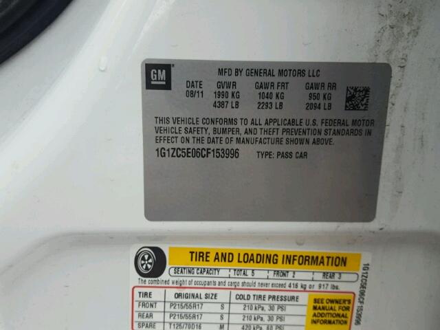 1G1ZC5E06CF153996 - 2012 CHEVROLET MALIBU 1LT 白色 照片 10
