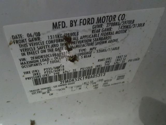 2FMDK52C19BA05313 - 2009 FORD FLEX SEL Սպիտակ լուսանկար 10