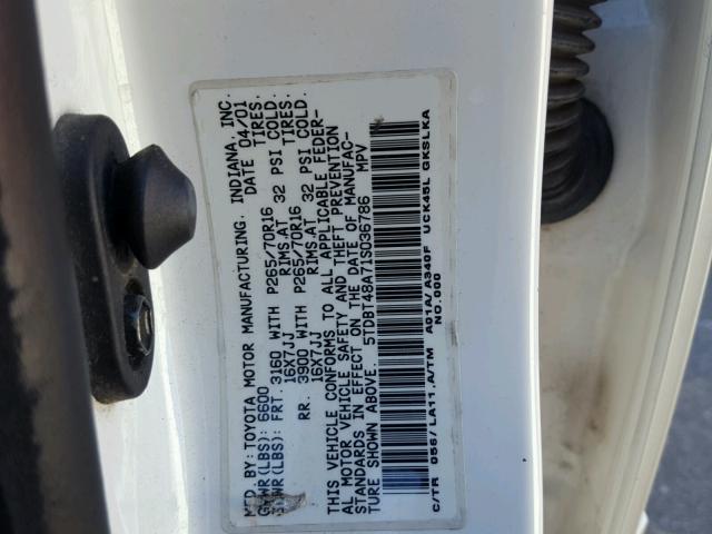 5TDBT48A71S036786 - 2001 TOYOTA SEQUOIA LI WHITE photo 10