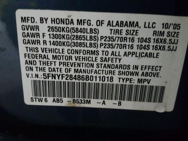 5FNYF28486B011018 - 2006 HONDA PILOT EX BLUE photo 10