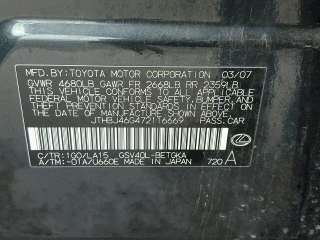 JTHBJ46G472116669 - 2007 LEXUS ES 350 CHARCOAL photo 10