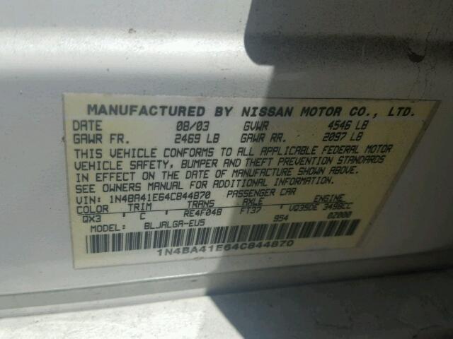 1N4BA41E64C844870 - 2004 NISSAN MAXIMA SE WHITE photo 10