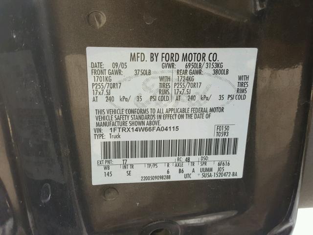 1FTRX14W66FA04115 - 2006 FORD F150 BLACK photo 10