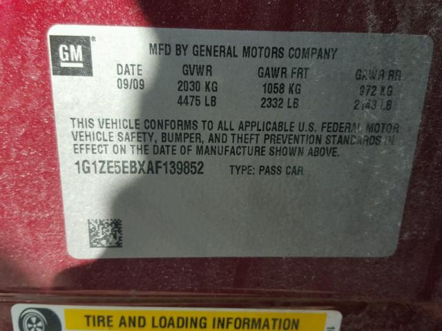 1G1ZE5EBXAF139852 - 2010 CHEVROLET MALIBU LTZ წითელი ფოტო 10