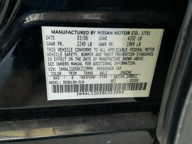 1N4AL11D56C213994 - 2006 NISSAN ALTIMA S BLACK photo 10