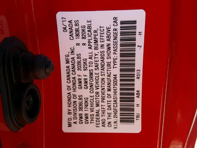 2HGFC3A51HH750044 - 2017 HONDA CIVIC SI RED photo 10