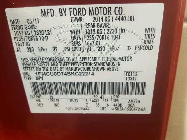 1FMCU0D74BKC22214 - 2011 FORD ESCAPE XLT RED photo 10