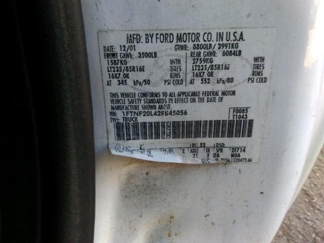 1FTNF20L42EB45056 - 2002 FORD F250 SUPER WHITE photo 10