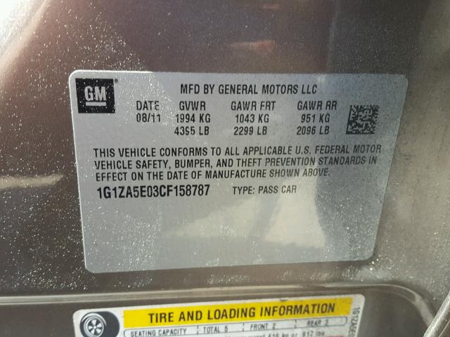 1G1ZA5E03CF158787 - 2012 CHEVROLET MALIBU LS ყავისფერი ფოტო 10