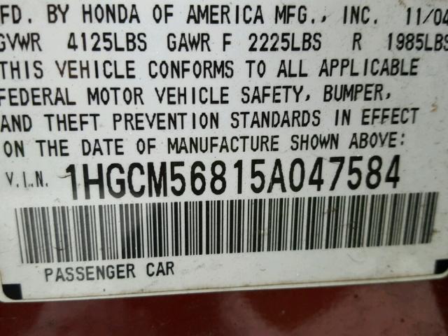 1HGCM56815A047584 - 2005 HONDA ACCORD EX RED photo 10