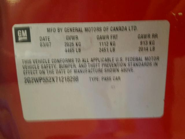 2G2WP552X71218298 - 2007 PONTIAC GRAND PRIX RED photo 10
