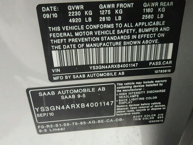 YS3GN4ARXB4001147 - 2011 SAAB 9-5 TURBO SILVER photo 10