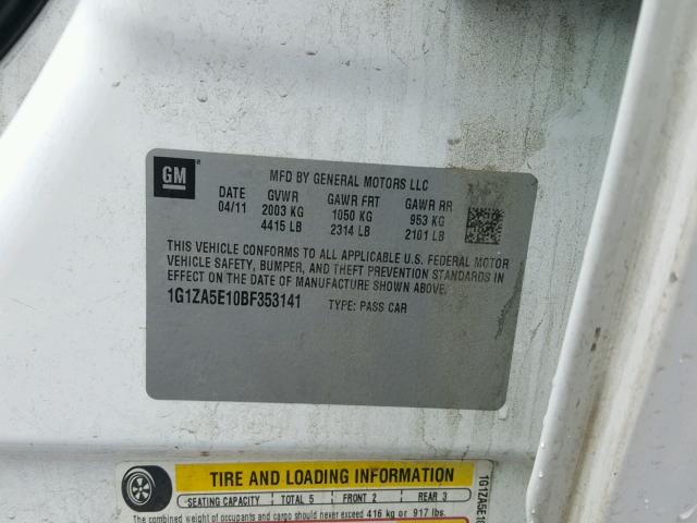 1G1ZA5E10BF353141 - 2011 CHEVROLET MALIBU LS თეთრი ფოტო 10