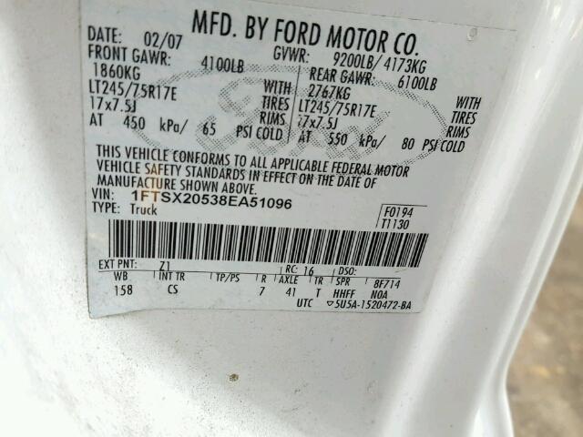 1FTSX20538EA51096 - 2008 FORD F250 SUPER WHITE photo 10