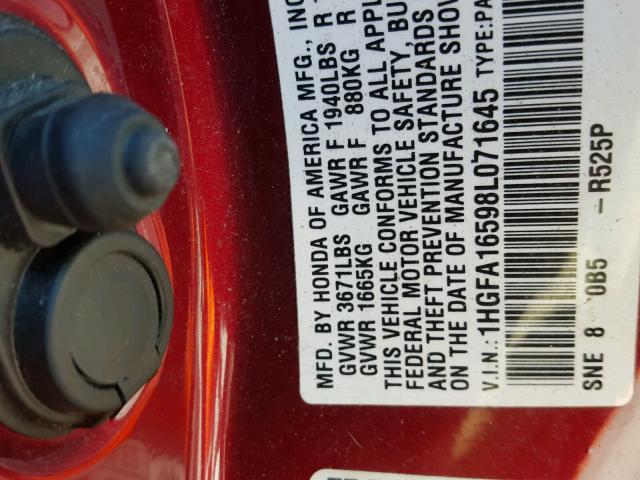 1HGFA16598L071645 - 2008 HONDA CIVIC LX RED photo 10