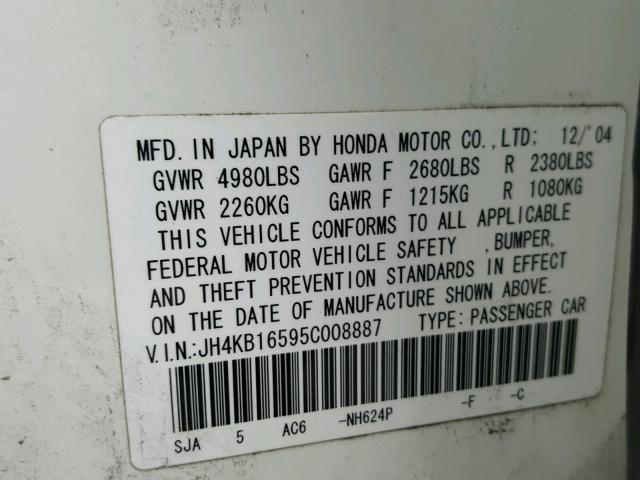 JH4KB16595C008887 - 2005 ACURA RL თეთრი ფოტო 10