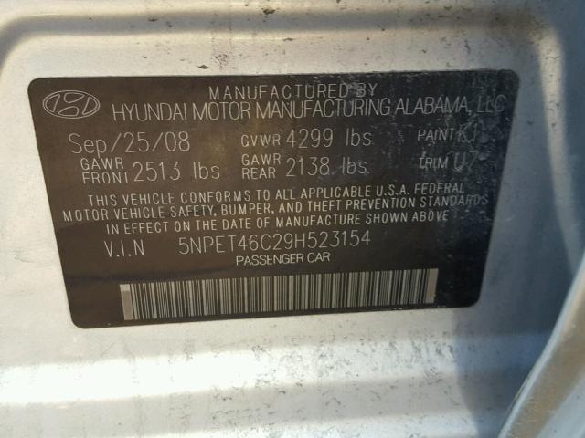 5NPET46C29H523154 - 2009 HYUNDAI SONATA GLS SILVER photo 10