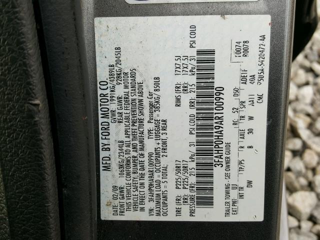 3FAHP0HA9AR100990 - 2010 FORD FUSION SE GRAY photo 10