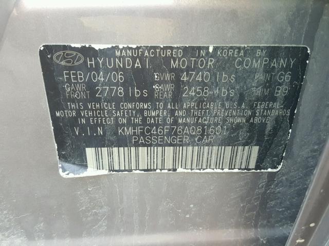 KMHFC46F76A081601 - 2006 HYUNDAI AZERA SE SILVER photo 10