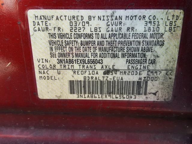 3N1AB61EX9L656043 - 2009 NISSAN SENTRA 2.0 BURGUNDY photo 10