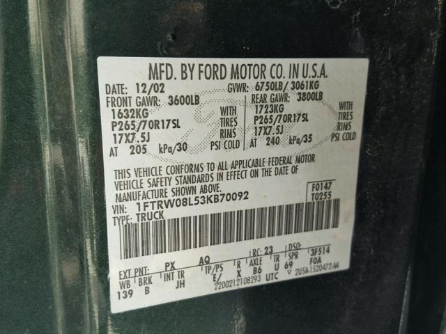 1FTRW08L53KB70092 - 2003 FORD F150 SUPER GREEN photo 10