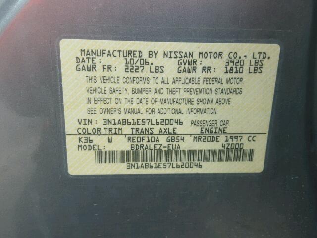 3N1AB61E57L620046 - 2007 NISSAN SENTRA 2.0 SILVER photo 10