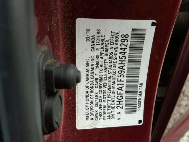 2HGFA1F59AH544298 - 2010 HONDA CIVIC LX BURGUNDY photo 10