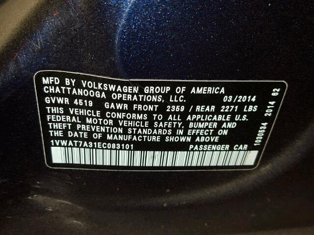 1VWAT7A31EC083101 - 2014 VOLKSWAGEN PASSAT S შავი ფოტო 10