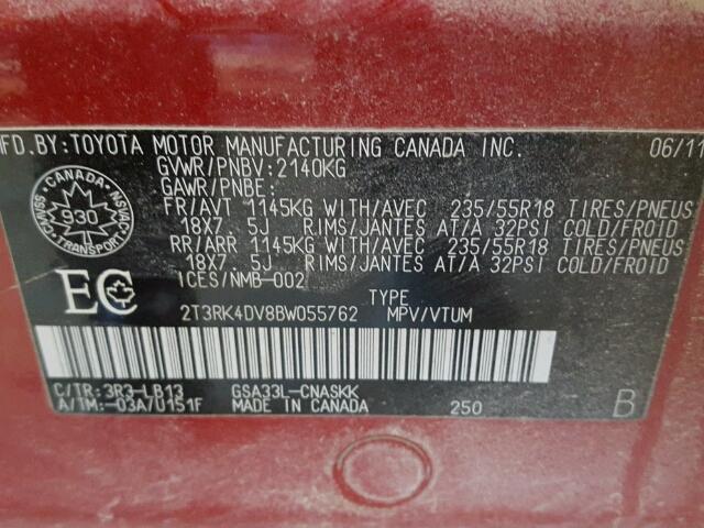 2T3RK4DV8BW055762 - 2011 TOYOTA RAV4 SPORT RED photo 10