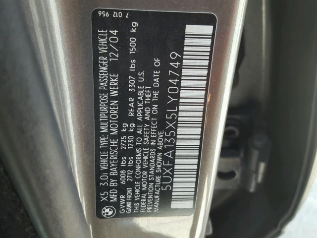 5UXFA135X5LY04749 - 2005 BMW X5 3.0I GRAY photo 10