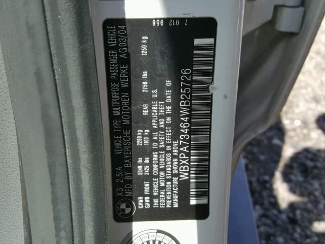 WBXPA73464WB25726 - 2004 BMW X3 2.5I WHITE photo 10