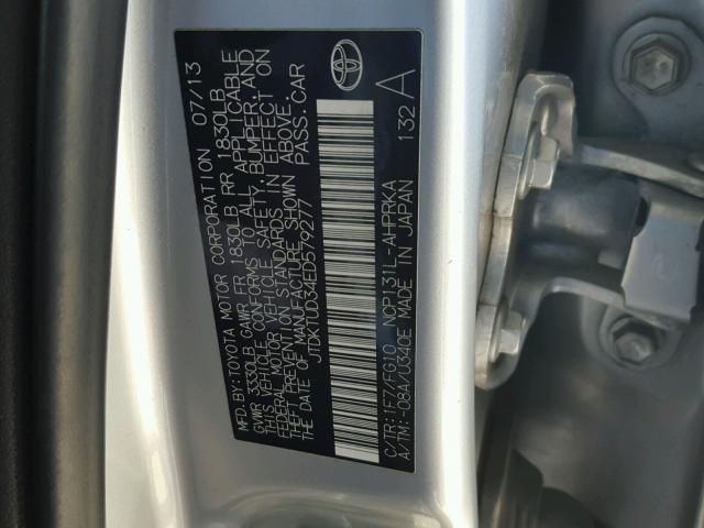 JTDKTUD34ED579277 - 2014 TOYOTA YARIS SILVER photo 10