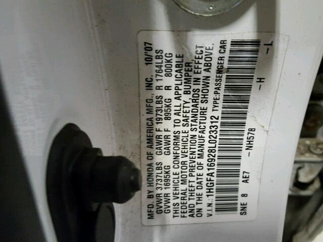 1HGFA16928L023312 - 2008 HONDA CIVIC EXL WHITE photo 10