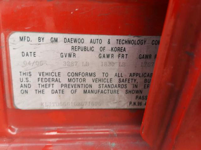 KL1TD66616B671696 - 2006 CHEVROLET AVEO BASE Կարմիր լուսանկար 10