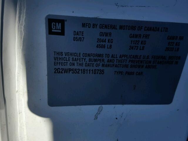 2G2WP552181110735 - 2008 PONTIAC GRAND PRIX WHITE photo 10