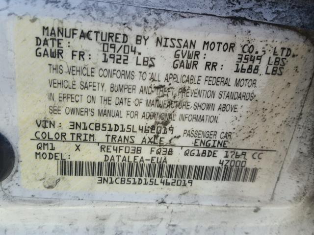 3N1CB51D15L462019 - 2005 NISSAN SENTRA 1.8 WHITE photo 10