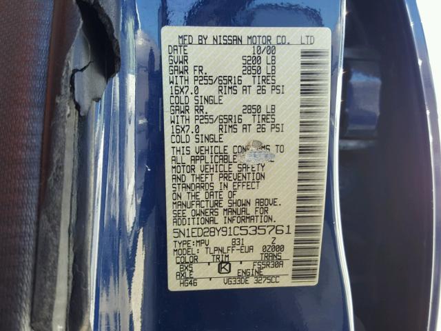 5N1ED28Y91C535761 - 2001 NISSAN XTERRA XE BLUE photo 10