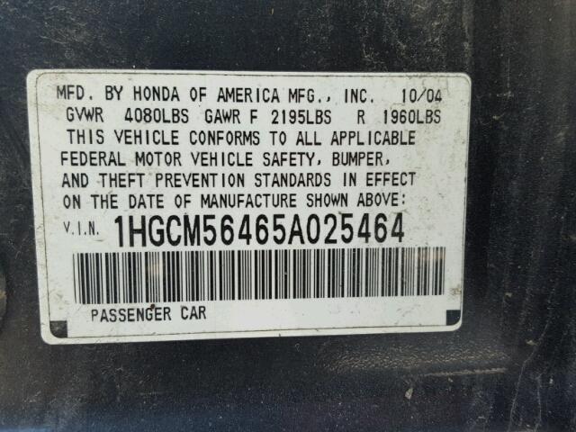 1HGCM56465A025464 - 2005 HONDA ACCORD LX CHARCOAL photo 10