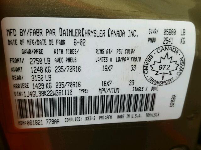 1J4GL38K22W361110 - 2002 JEEP LIBERTY RE GREEN photo 10