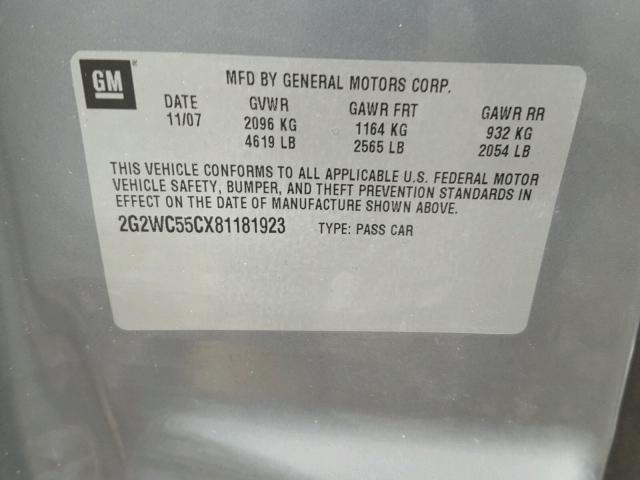 2G2WC55CX81181923 - 2008 PONTIAC GRAND PRIX GRAY photo 10