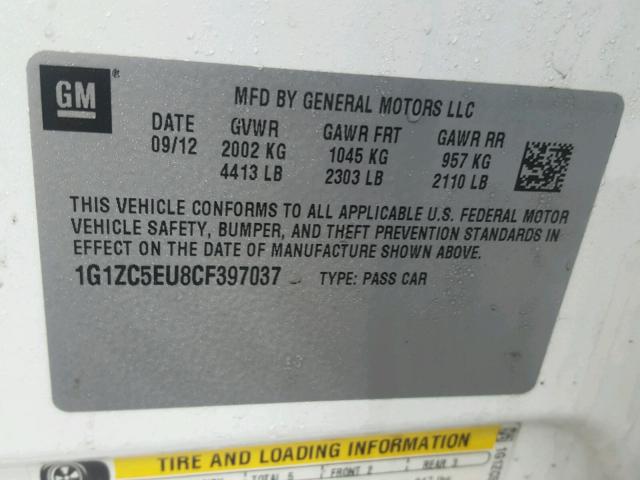 1G1ZC5EU8CF397037 - 2012 CHEVROLET MALIBU 1LT 白色 照片 10