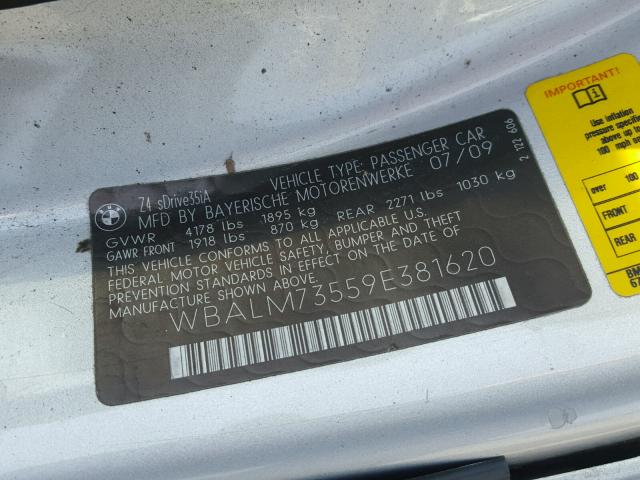 WBALM73559E381620 - 2009 BMW Z4 SDRIVE3 银色 照片 10
