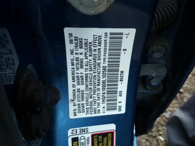 1HGFA16908L102560 - 2008 HONDA CIVIC EXL 蓝色 照片 10