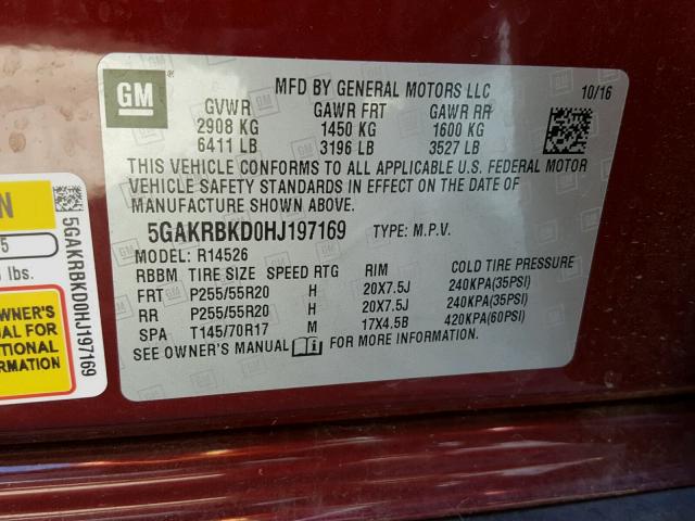 5GAKRBKD0HJ197169 - 2017 BUICK ENCLAVE BURGUNDY photo 10