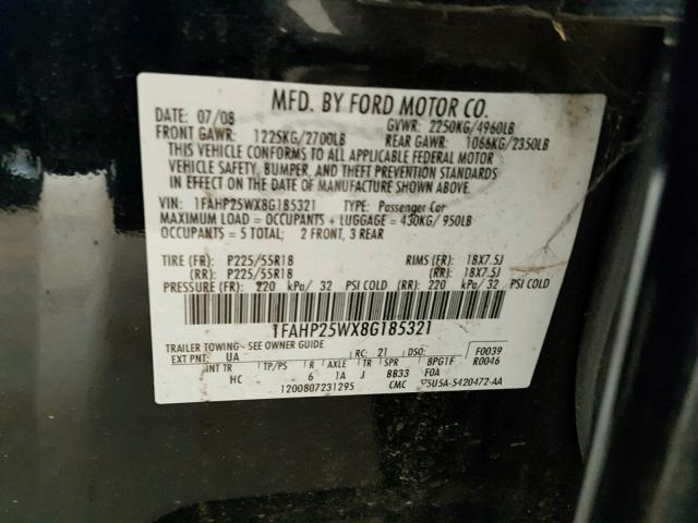 1FAHP25WX8G185321 - 2008 FORD TAURUS LIM BLACK photo 10