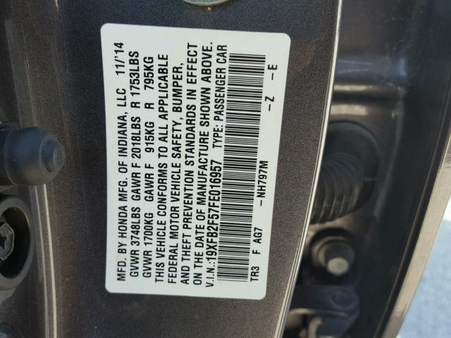 19XFB2F57FE016957 - 2015 HONDA CIVIC LX GRAY photo 10