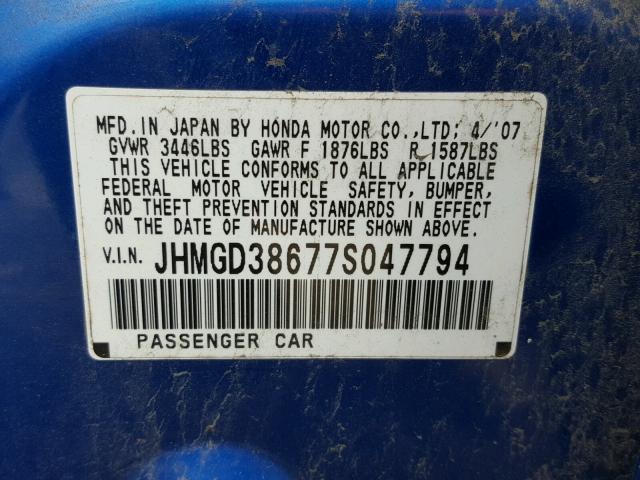 JHMGD38677S047794 - 2007 HONDA FIT S BLUE photo 10