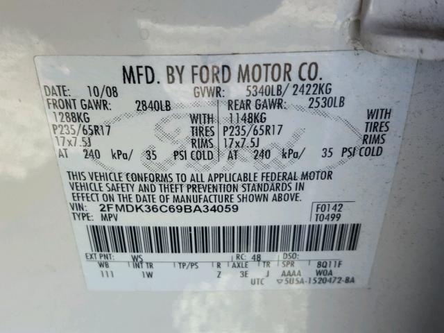 2FMDK36C69BA34059 - 2009 FORD EDGE SE WHITE photo 10