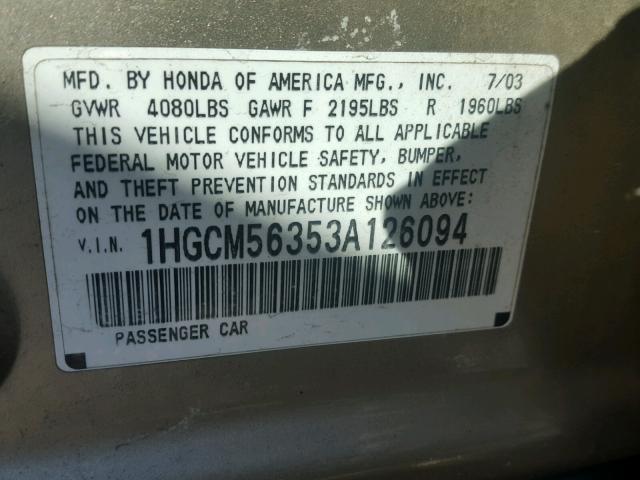 1HGCM56353A126094 - 2003 HONDA ACCORD LX GOLD photo 10